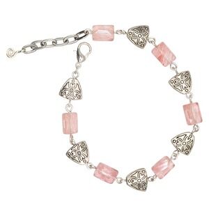 Handmade Rose Quartz Bracelet Silver Tone Floral Link Boho Vintage Adjustable